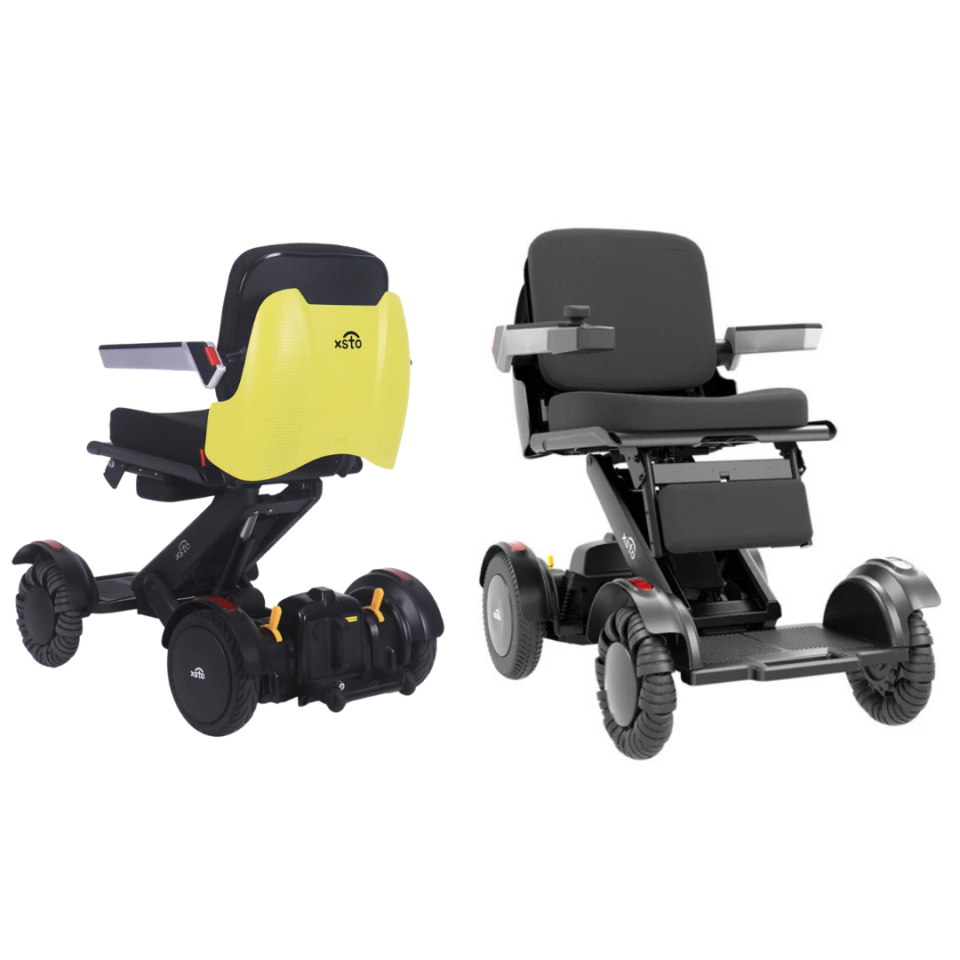Two XSTO Mobility M4 Self-Balancing Powerchairs with APP Control—one in yellow, one in black and gray—are shown side by side. Each foldable travel chair features armrests, sturdy wheels, and a modern, compact design.